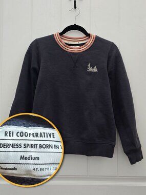 REI Co-op Sweatshirt Sz M Charcoal Striped Collar Embroidered Mountain